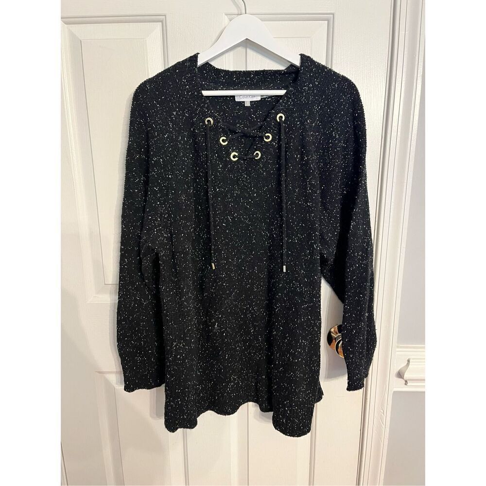 Calvin Klein Black & White Marled Knit Grommet Lace Up Tunic Sweater sz 2X EUC